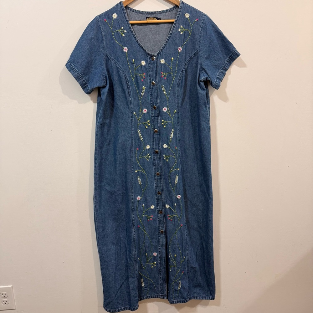 Nikky Jeans Vintage Cotton Floral Embroidered Button Down Denim Dress Size XL